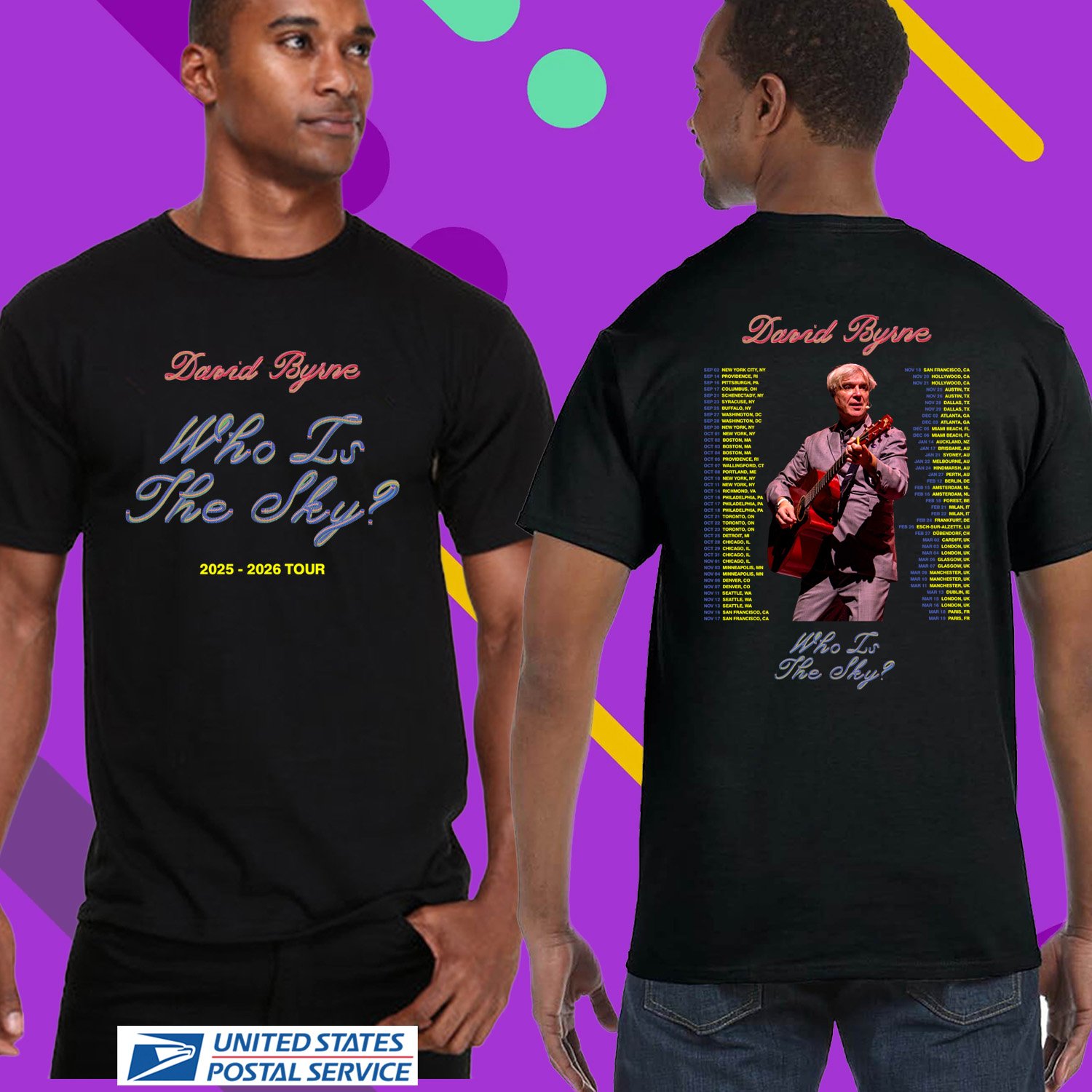 DAVID BYRNE WHO IS THE SKY WORLD TOUR 2025-2026. DAVID BYRNE. UNISEX BLACK TEE CS81