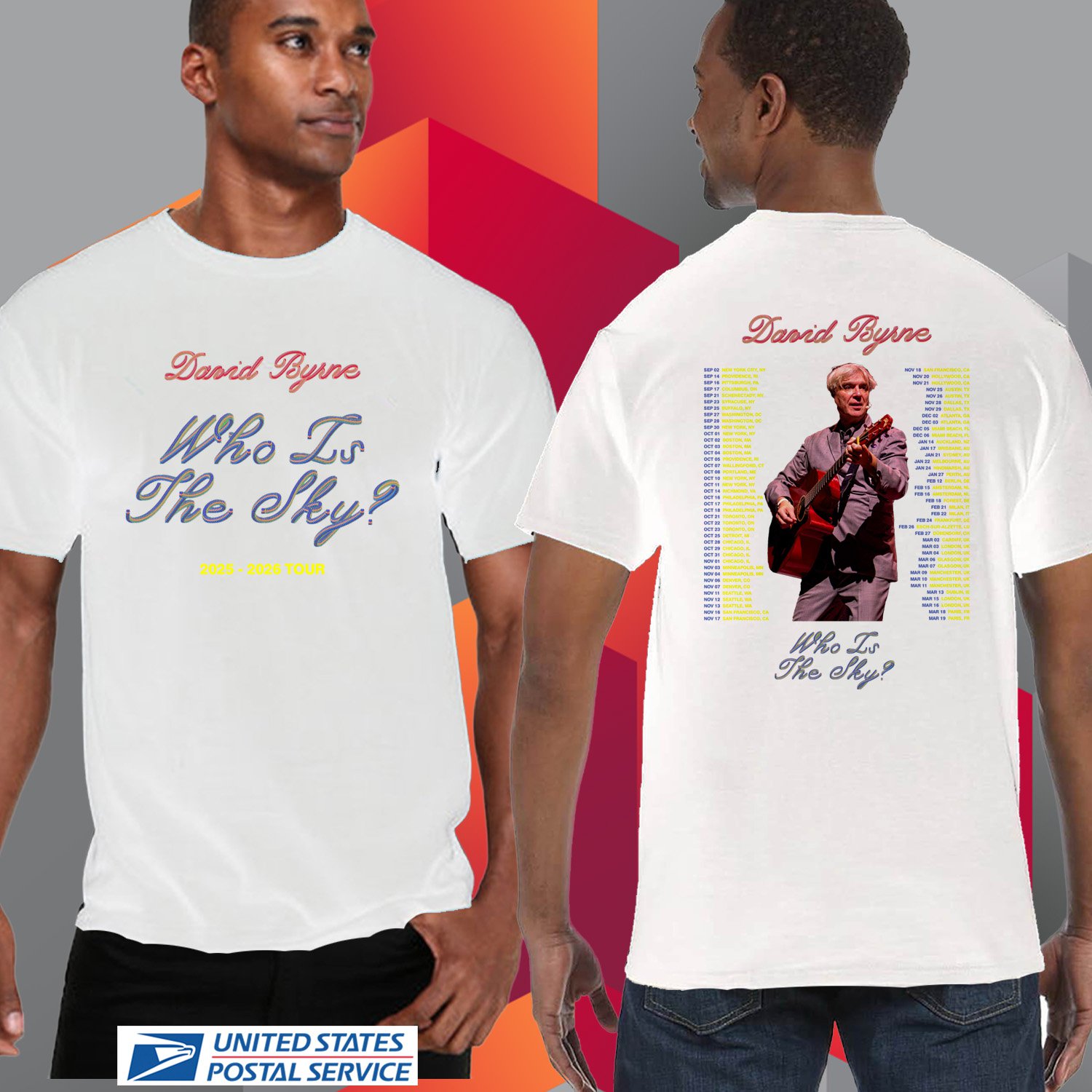 DAVID BYRNE WHO IS THE SKY WORLD TOUR 2025-2026. DAVID BYRNE. UNISEX WHITE TEE CS81