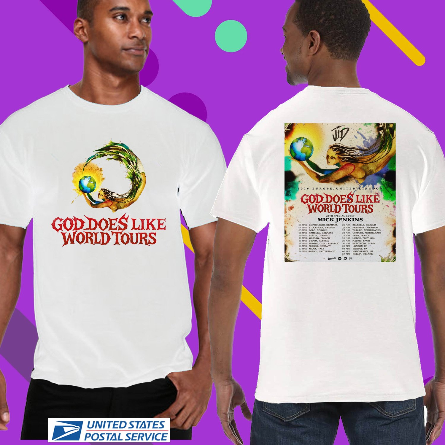 J.I.D GOD DOES LIKE EUROPE UK TOUR 2026. J.I.D. TWO SIDE TEE. UNISEX WHITE TEE CS81
