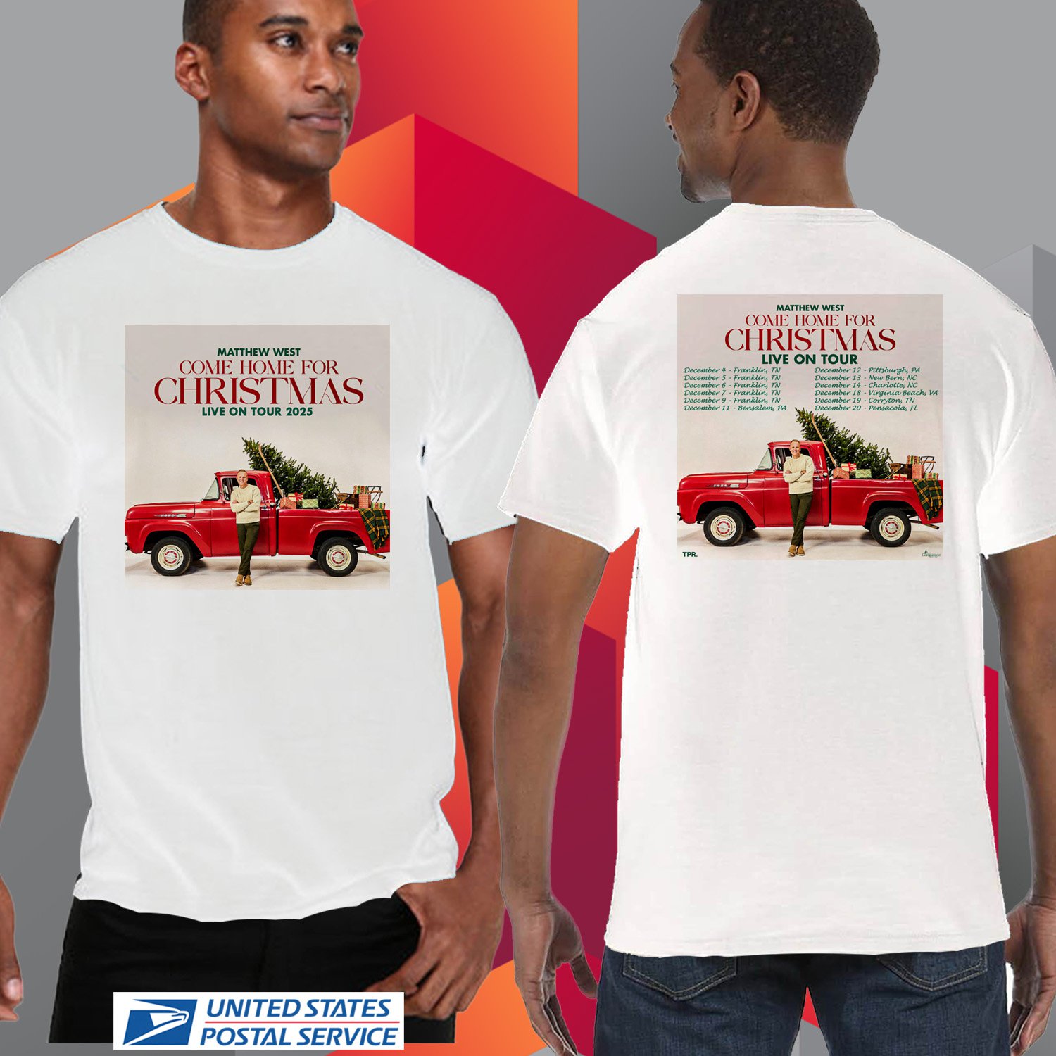 MATTHEW WEST COME HOME FOR CHRISTMAS TOUR 2025. MATTHEW WEST. UNISEX TWO SIDE WHITE TEE CS81