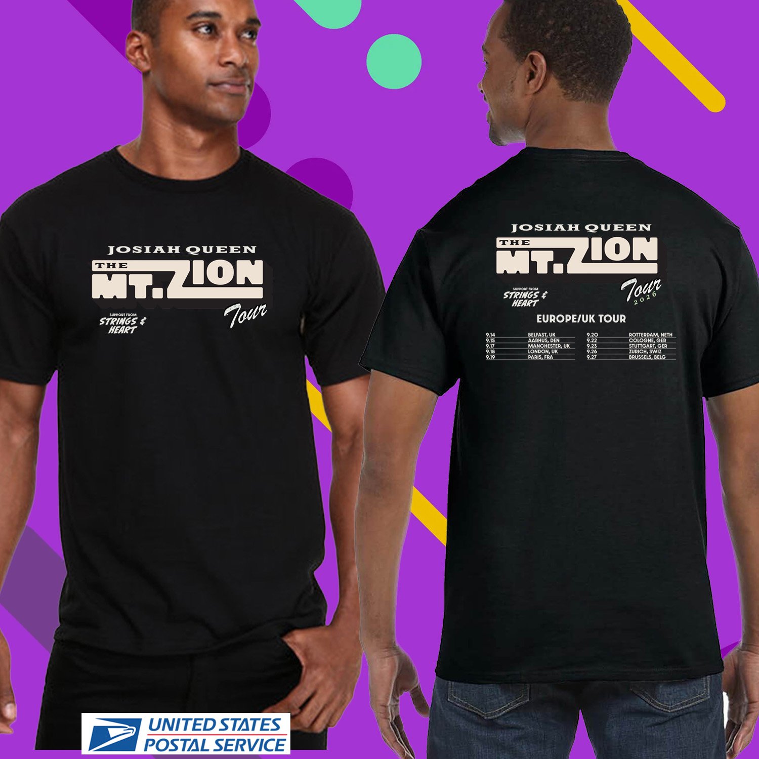 JOSIAH QEEN THE MT. ZION EUROPE UK TOUR 2026. JOSIAH QEEN. TWO SIDE TEE. UNISEX BLACK TEE CS81