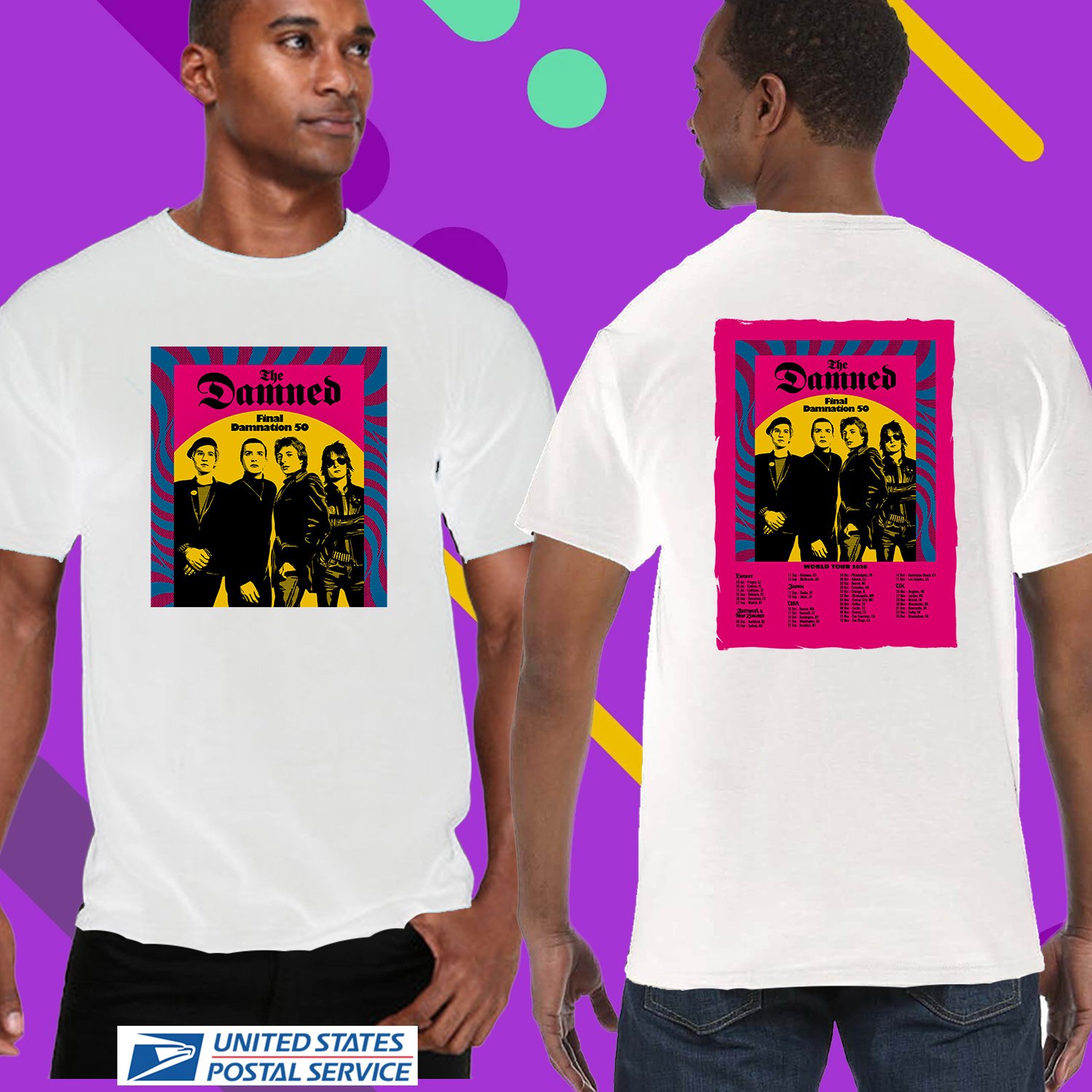 THE DAMNED FINAL DAMNATION 50TH WORLD TOUR 2026. THE DAMNED. UNISEX WHITE TEE CS81