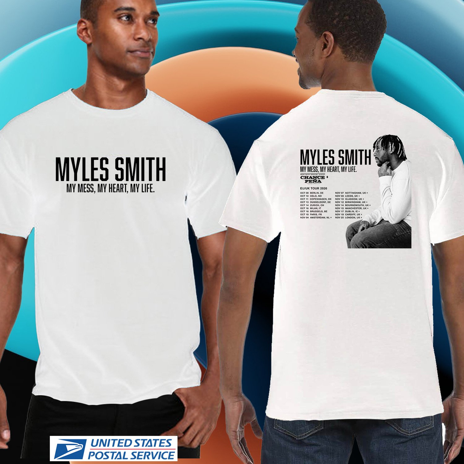 MYLES SMITH MY MESS MY HEART MY LIFE U KINGDOM TOUR 2026. MYLES SMITH. UNISEX WHITE TEE CS81