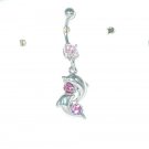 1 PINK CZ DOUBLE DOLPHIN DANGLE BELLY RING FREE US SHIPPING