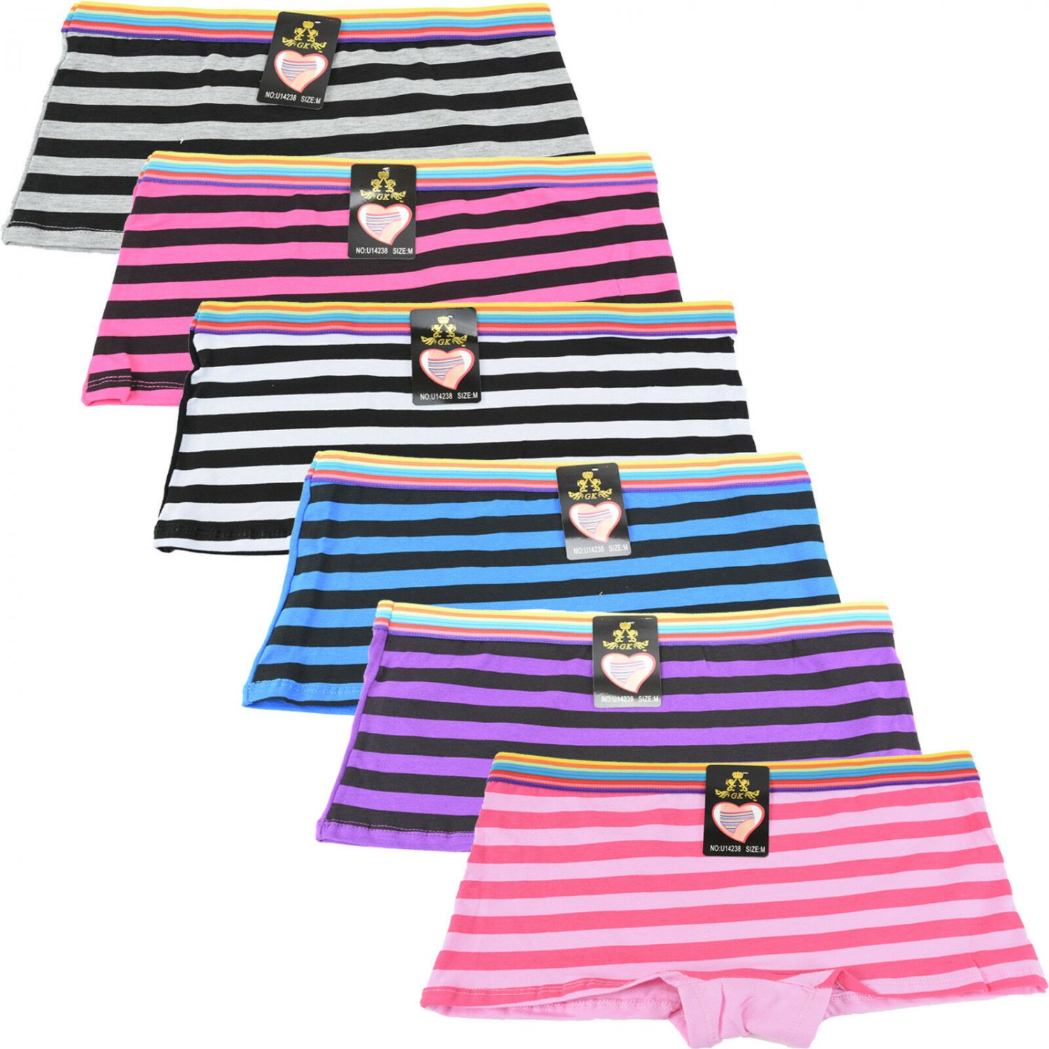6 pcs Women's Cotton Boy Shorts Panties Stripe Pattern SizeS,M,L,XL