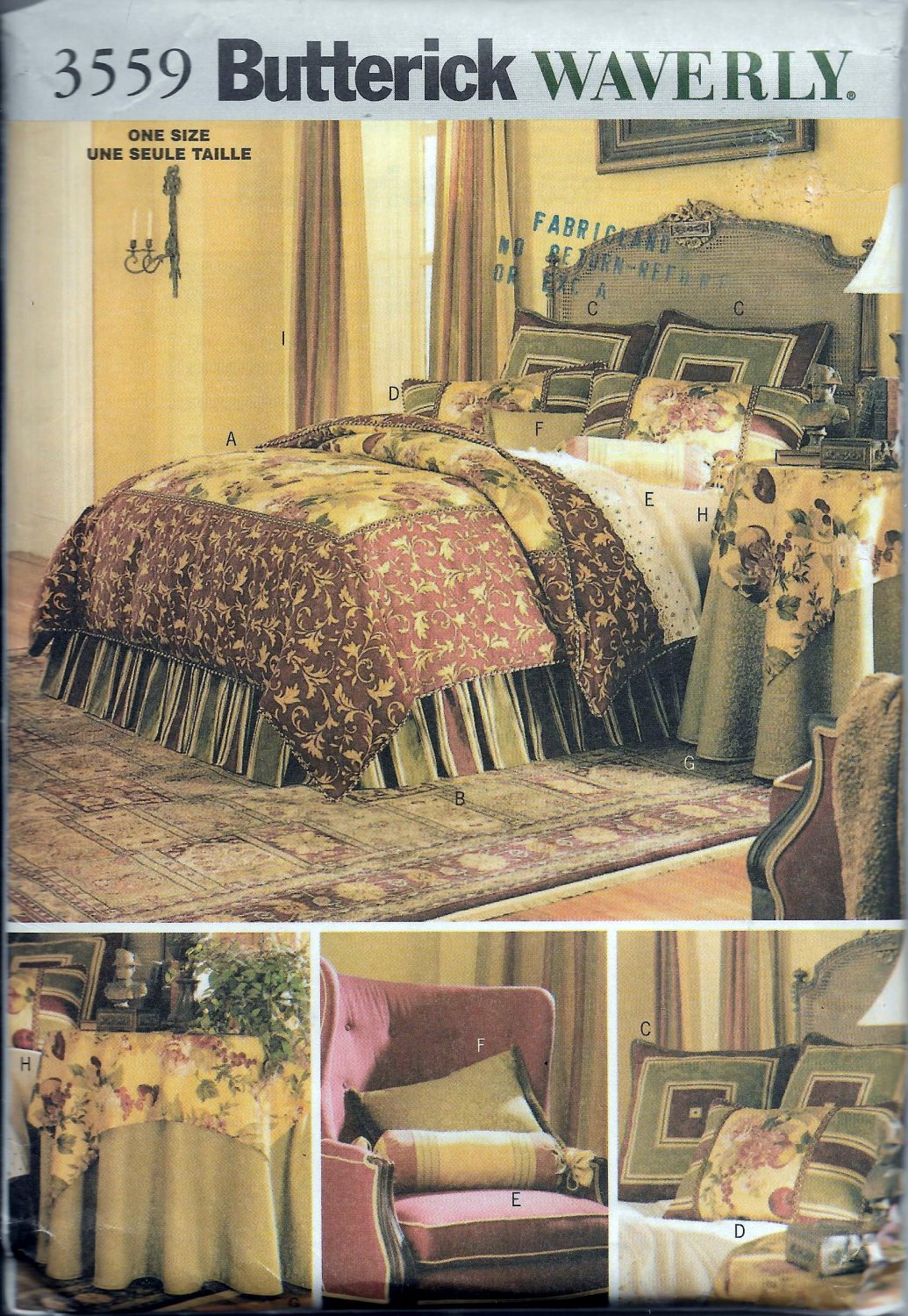 Butterick Waverly 3559 Decor Bedroom Bedding Duvet Comforter Pillow Sham Neck Roll