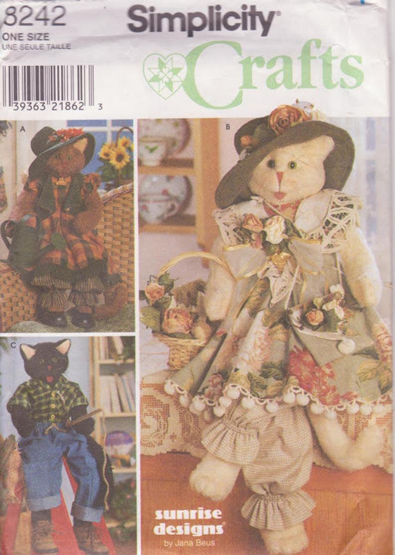Simplicity 8242 Cats and Clothes Blue Jeans Shirt 2 Girl Cats in Dresses Hats Three Styles Size 30 "