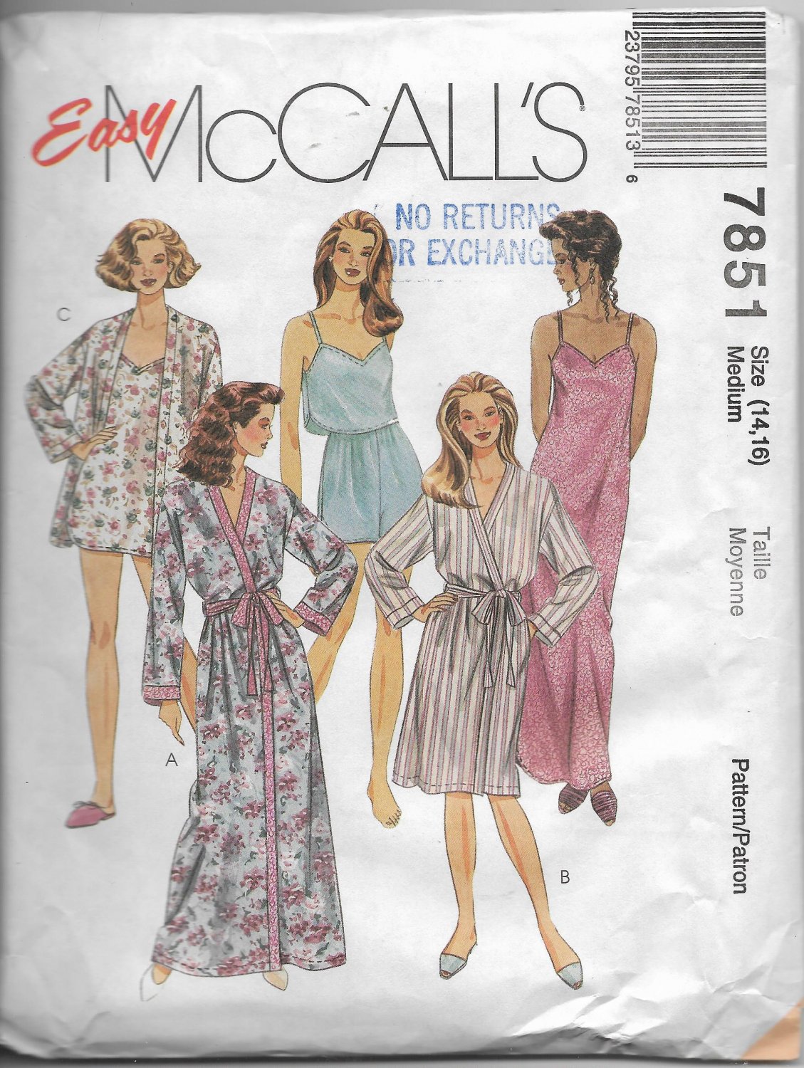 McCalls 7851 Sleepwear Robes Nightgowns Mix Styles Size Medium 12-14 Vintage 1995 Sew Pattern