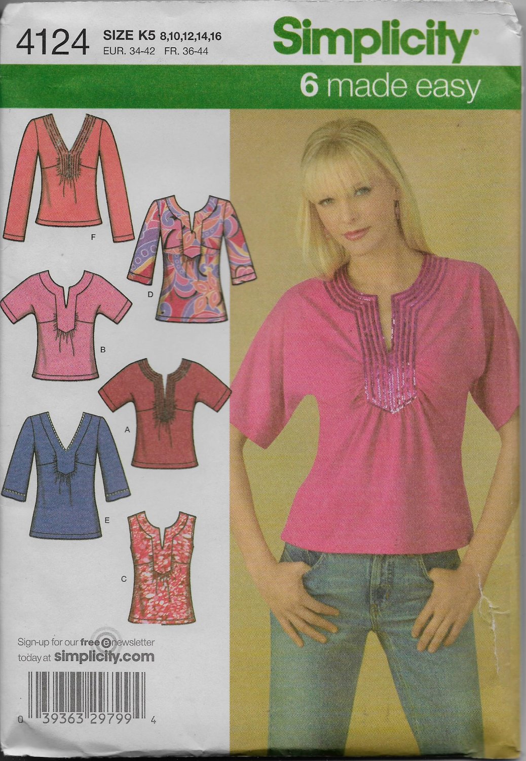 Simplicity 4124 Shirt Tops 6 Different Styles Easy Sew Sizes 8 to 10