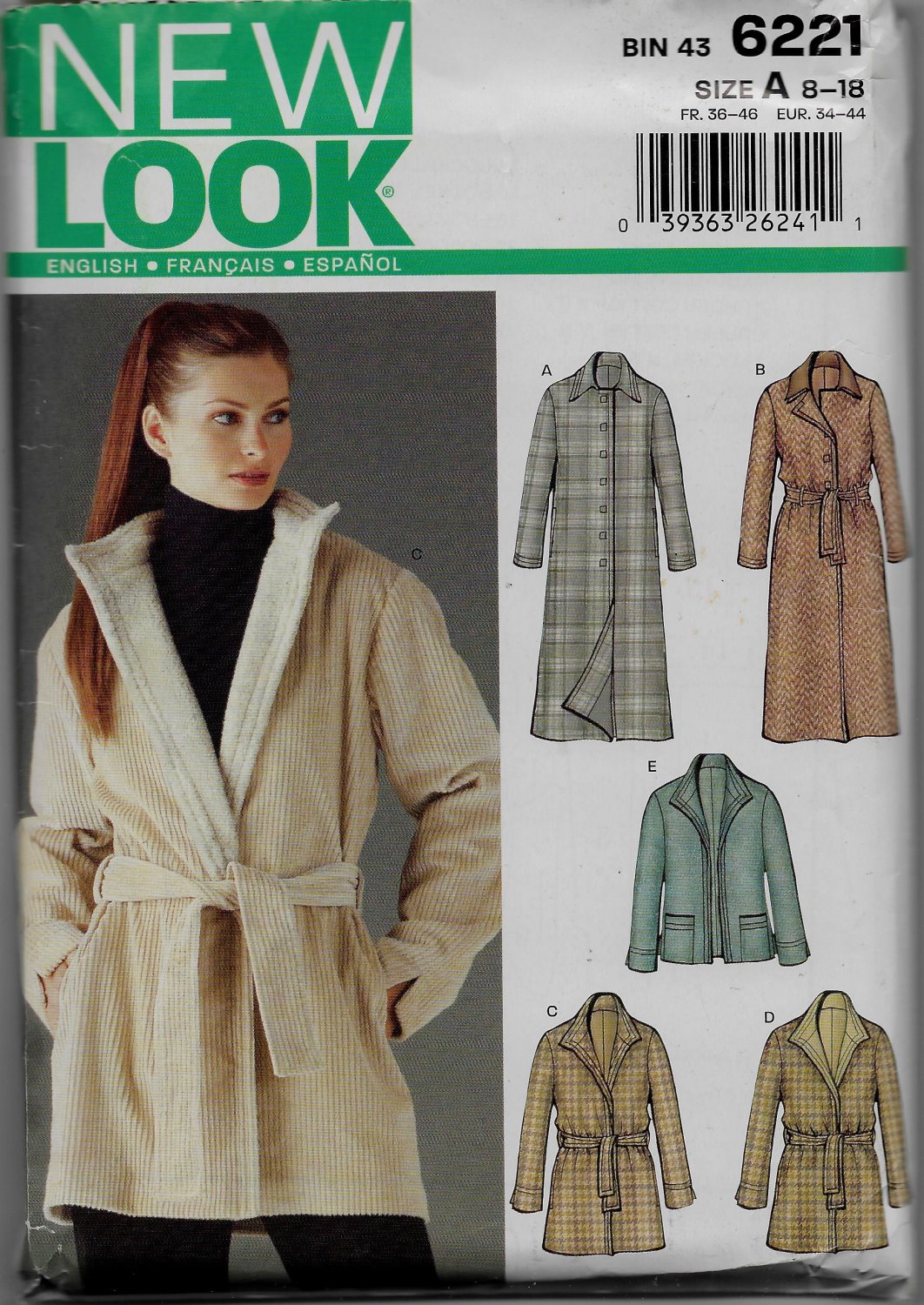 New Look Simplicity 6221 Women Jacket Full Coats 3/4 Length, Belt Option, Detachable Collar Contrast