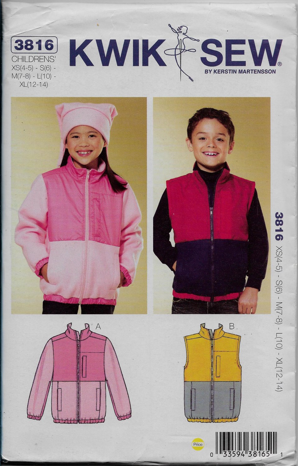 Kwik Sew Children Girls or Boys Jacket Vest Sizes XS(4-5), S(6), M(7-8), L(10), XL(12-14)