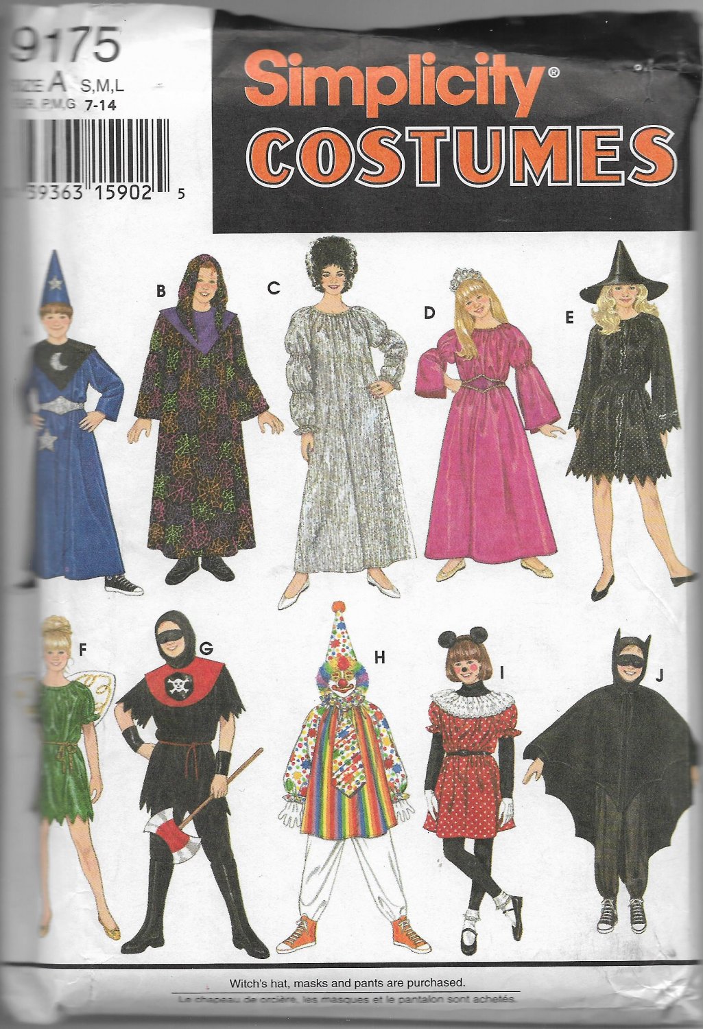 Simplicity 9175 Costumes Boys Girls Wizard Bat Fairy Mouse Sizes S M L