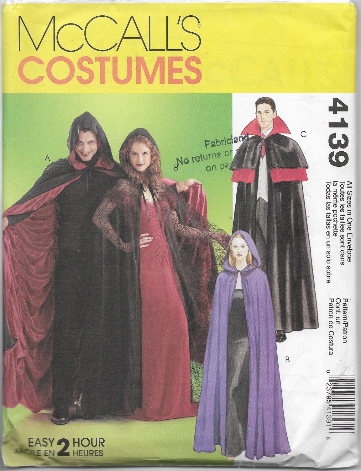 McCalls Costume Capes Unisex Line or Unlined Sizes Small to X Large all in one Sewing Pattern