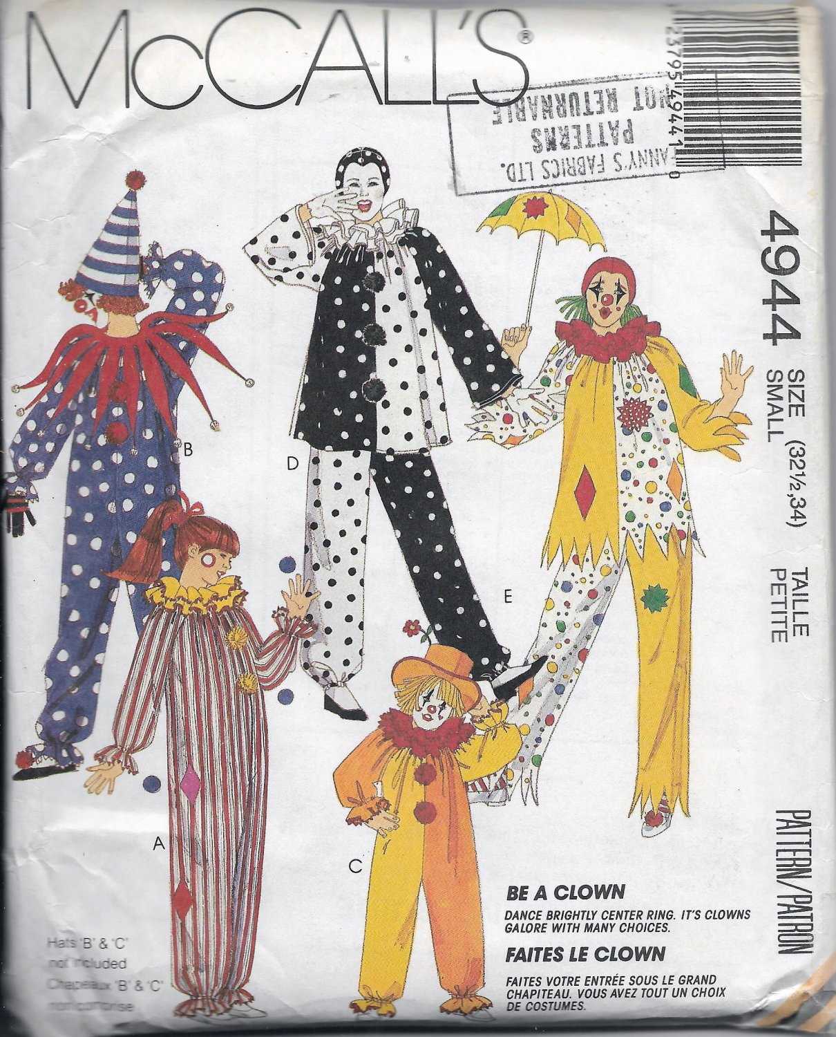 Vintage McCalls 4944 Costumes Adults Clowns Unisex Size Small