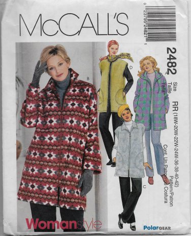 McCalls 2482 Fall or Winter Jackets and Vests Sizes RR 18W to 24W Sewing Pattern Uncut