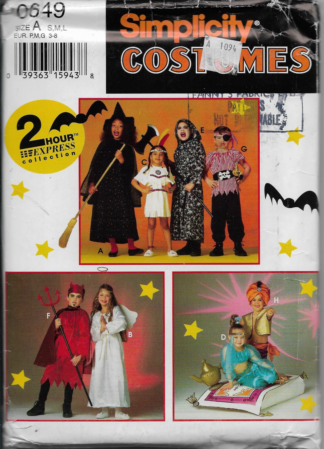 Simplicity 0649 Costumes Halloween, Children Sizes Small, Medium, Large, Boys and Girls