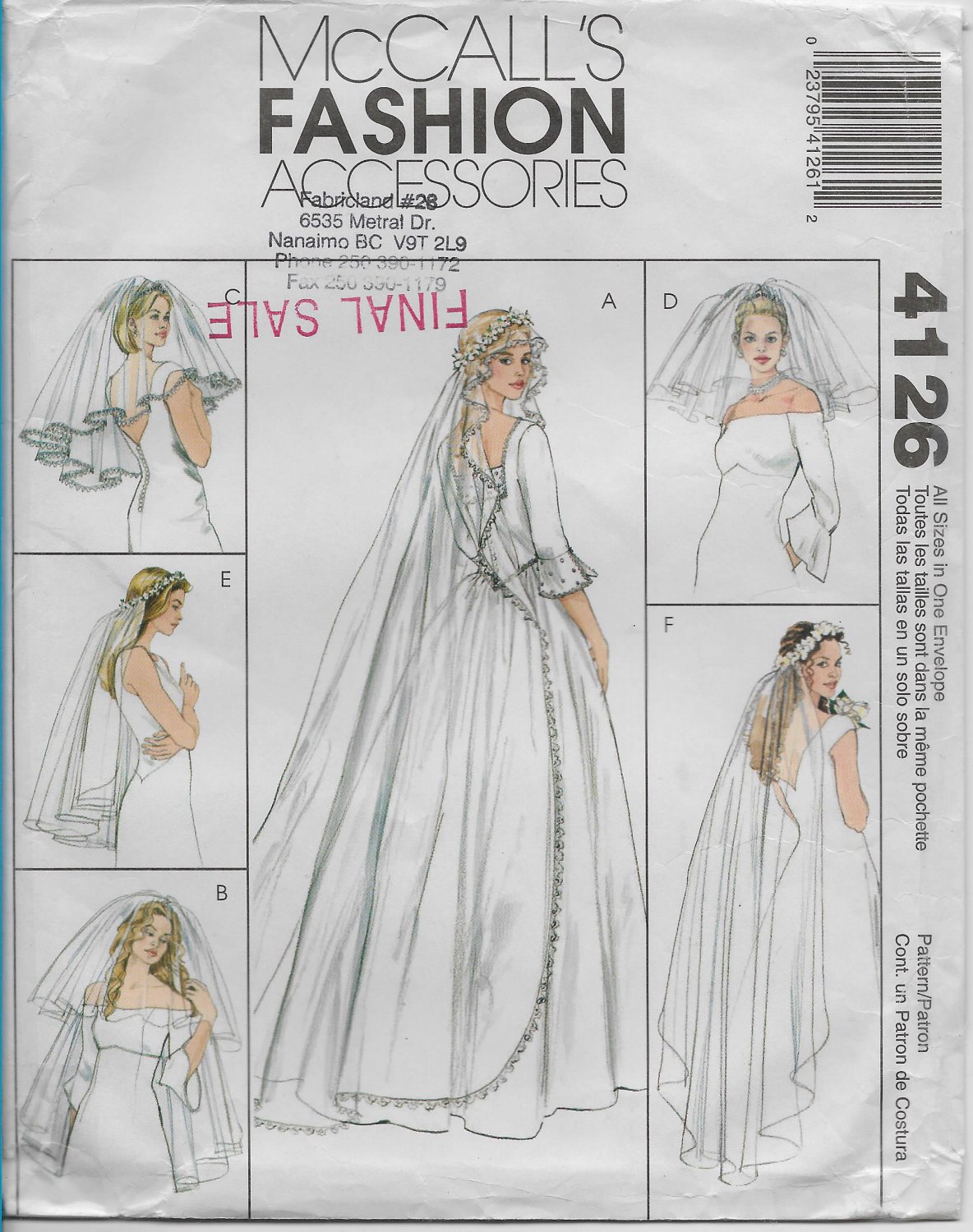 McCalls 4126 Fashion Accessories Bridal Veils Six Styles Headpieces Blushers Sewing Pattern