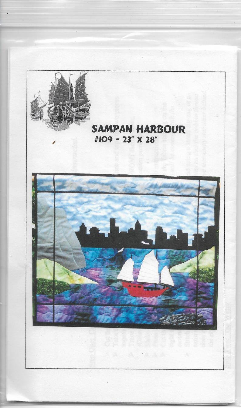 Sampan Harbor Sailboat with City Background, Pillow Cover, Quilted Wall Hanging Size 23 x 28 inches