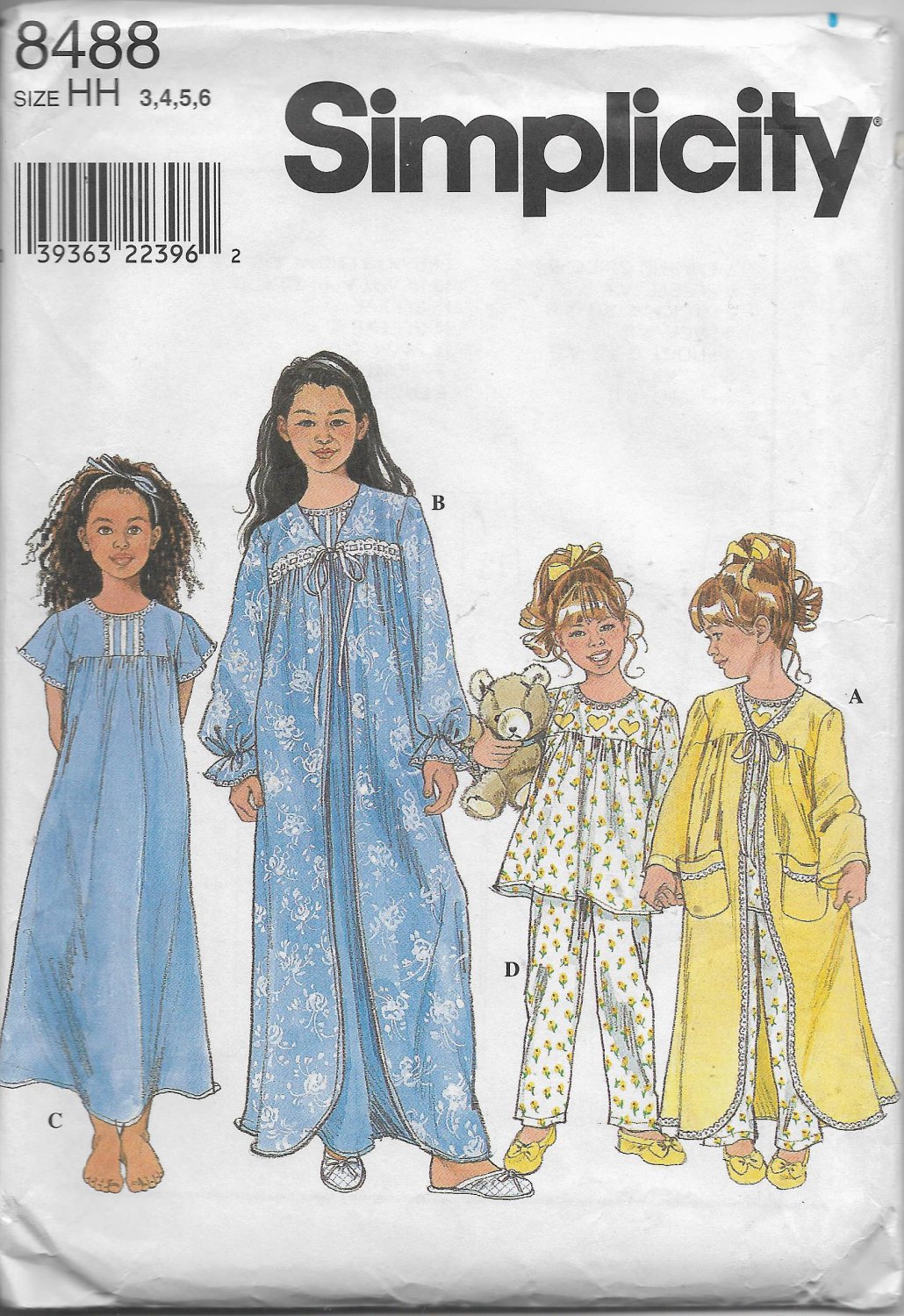 Simplicity 8488 Girls Sizes 3 to 6 Sleepwear Robe Nightgown Pajamas Sewing Pattern