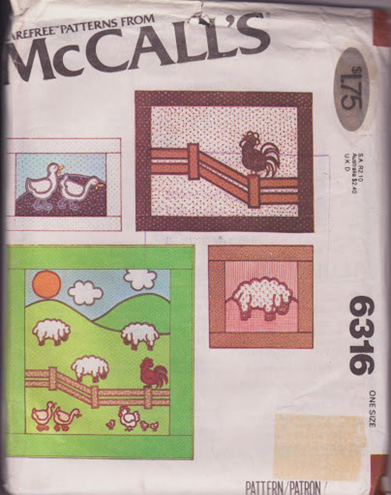McCall’s 6316 Quilt Pillows Wall Hangings Farm Animals Sheep Ducks Chickens Pattern Vintage 1978