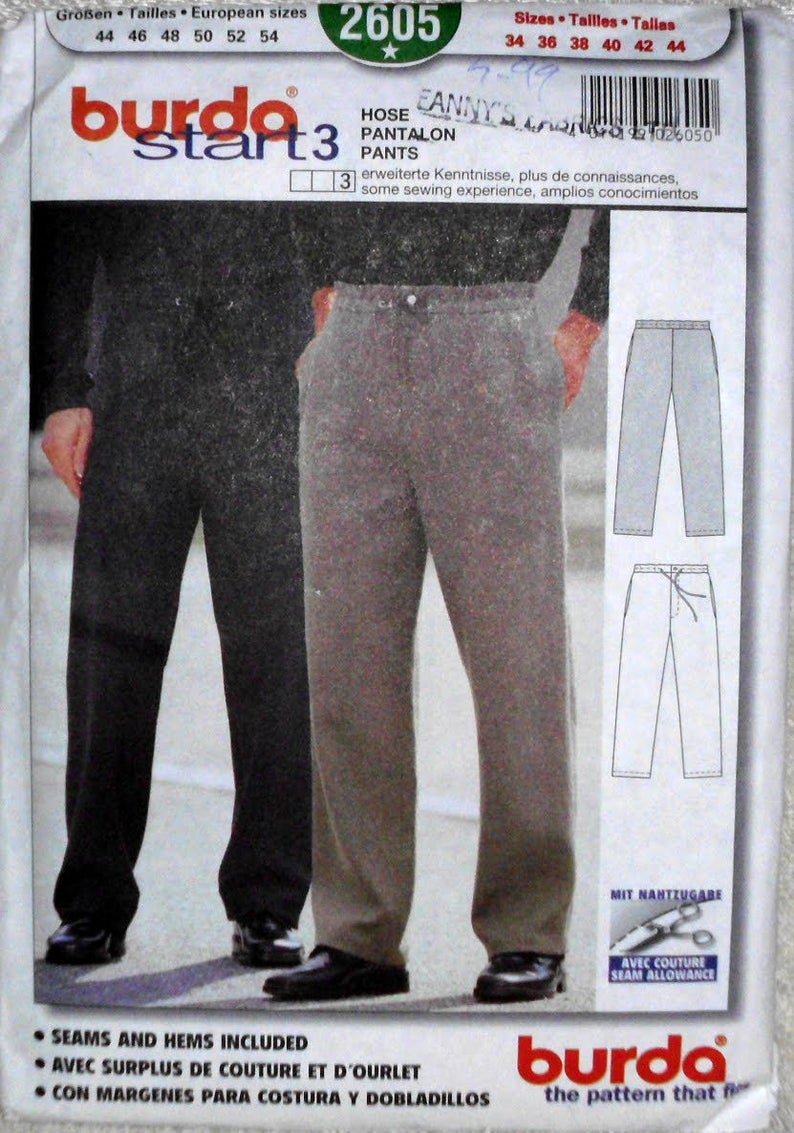 Burda 2605 Mens Sports Sweat Pants Casual Fit, Side Pockets, Sizes 34 36 38 40 42 44