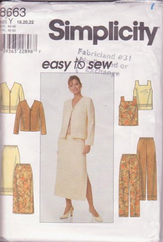 Simplicity 8663 Easy Sew, Jacket V Neck, Pullover Top Pants Skirt Original Sewing Pattern