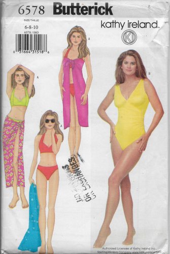 Bathing Suit & Pareo Wrap, Bikini Swimsuit Sizes 6 8 10, Butterick 6578  Kathy Ireland
