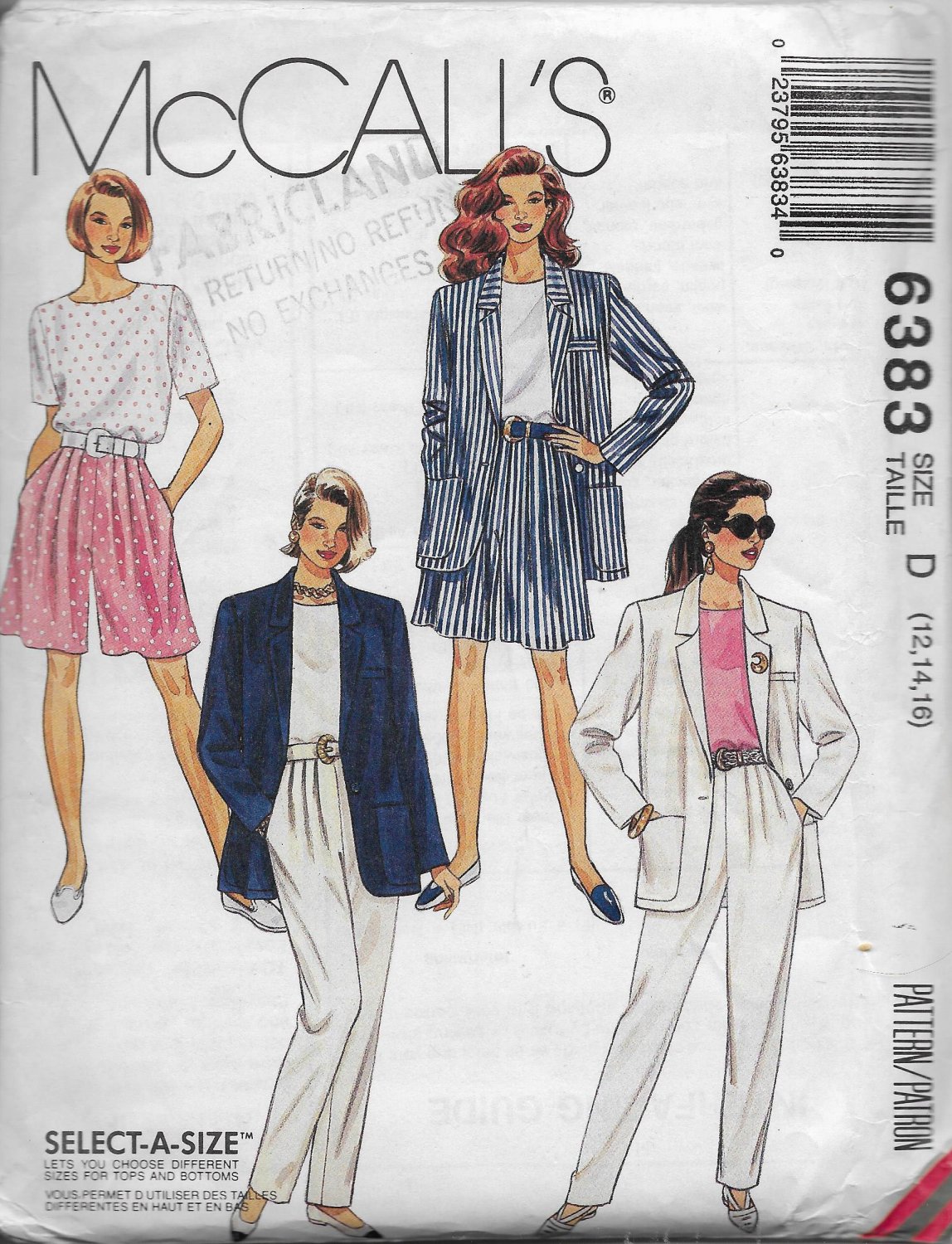 McCalls 6383 Women, Spring Summer Light Jacket Top Pants and Shorts, Sizes 12 14 16