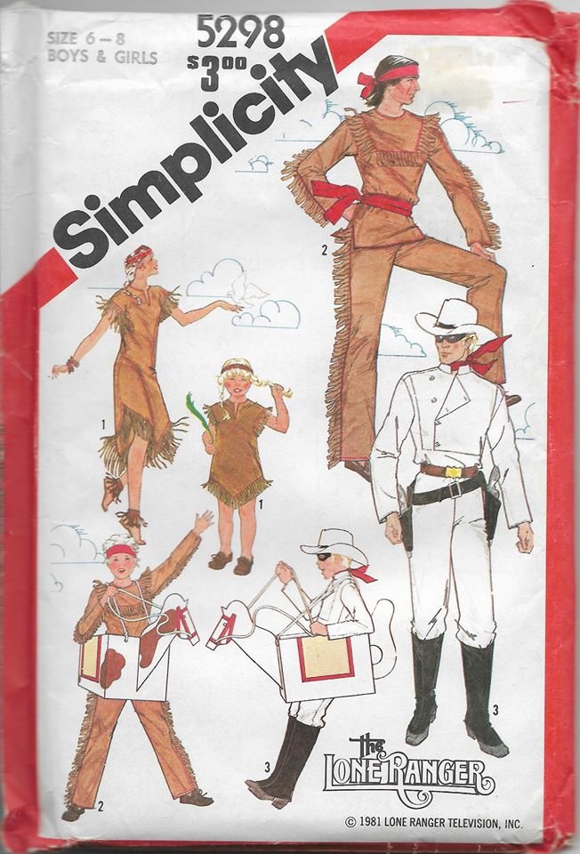 Simplicity 5298 Costumes The Lone Ranger Sizes 6, 8, Girls Boys Tonto Silver and Scout