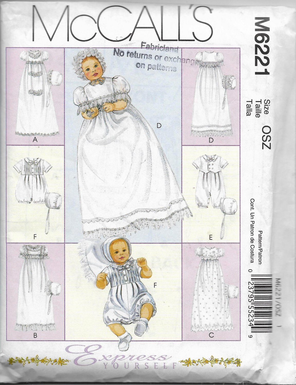 McCalls 6221 Infants Christening Gown, Rompers and Bonnets OSZ Original ...