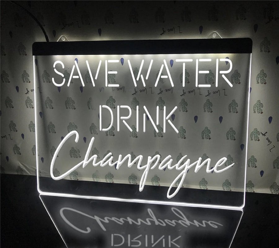 Save Water Drink Champagne Illuminated Led Neon Sign, Home Decor Bar Art