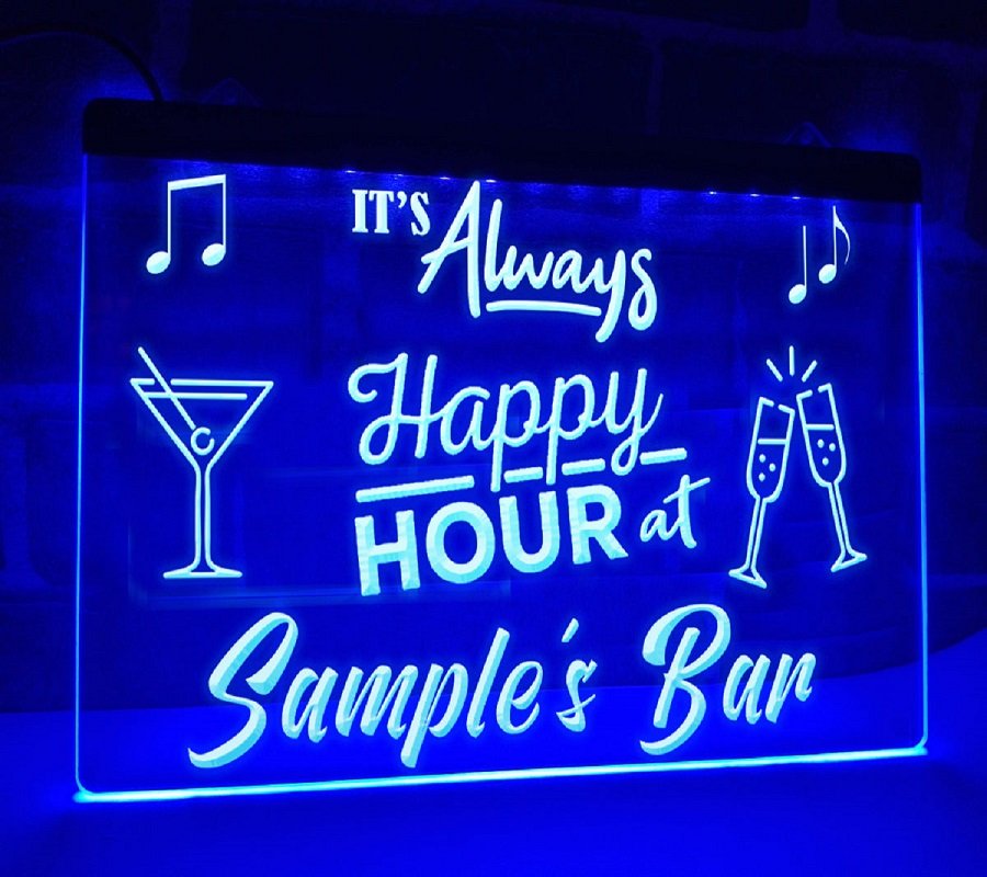 It's Always Happy Hour Personalized Illuminated Neon Sign, Decor Bar Lights Art