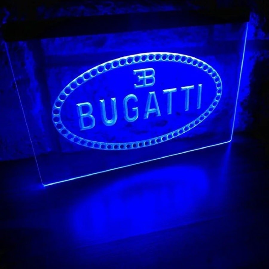 Bugatti Logo Illuminated LED Neon Sign Hang Wall Decor, Garage, Artful Light