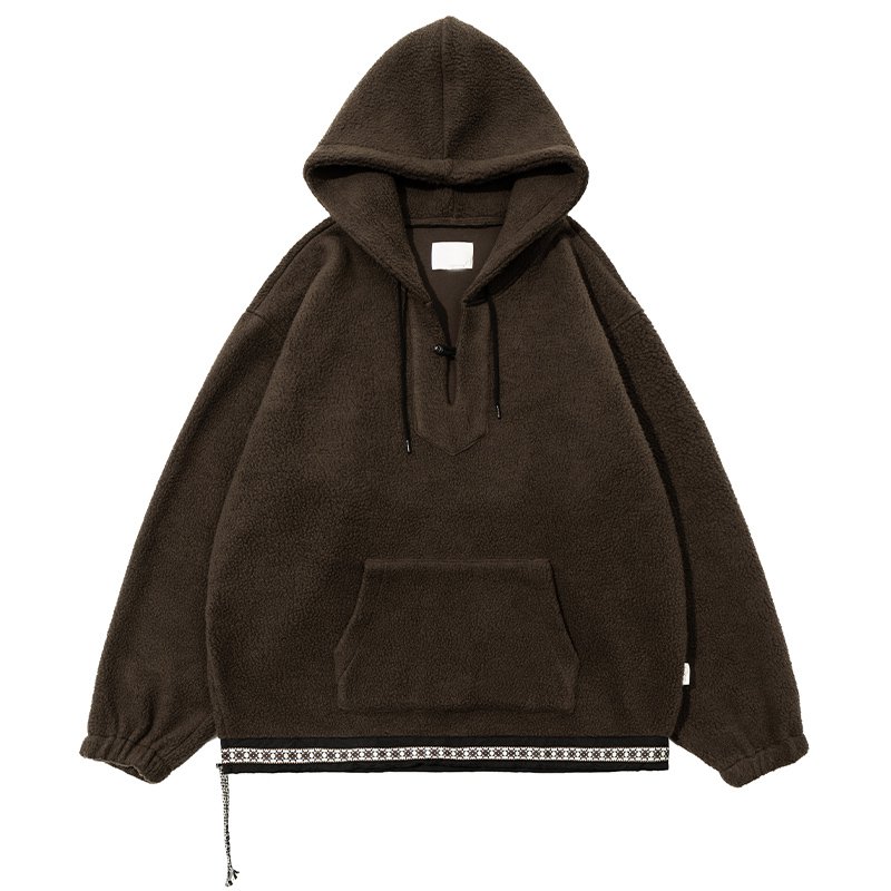 Men's fleece sweater hooded side zipper Brown