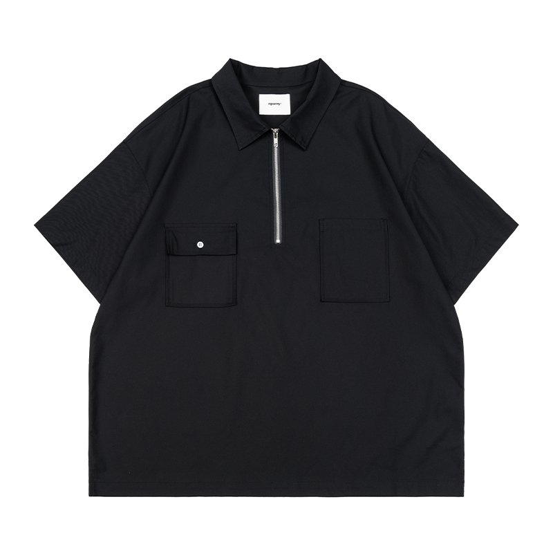 Men's Half Zip pointed collar short sleeve T-shirt black