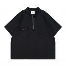 Men's Half Zip pointed collar short sleeve T-shirt black