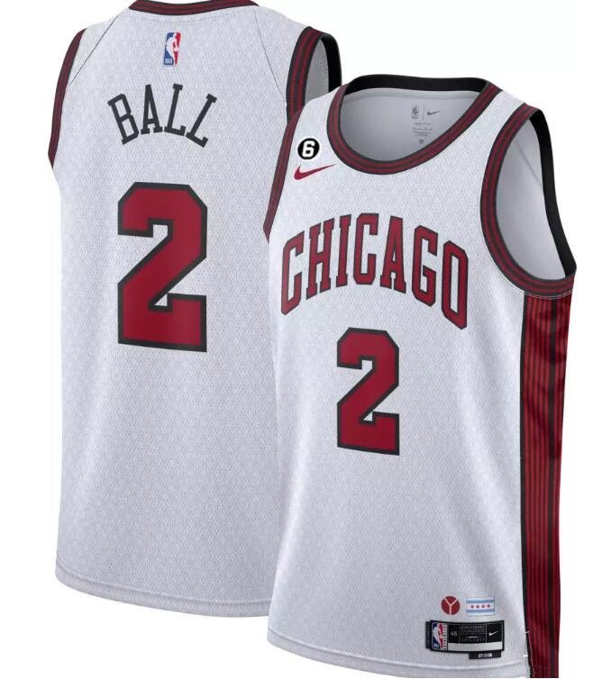Chicago Bulls #2 Lonzo Ball White 202223 City Edition With NO.6 Patch Stitched Basketball Jersey