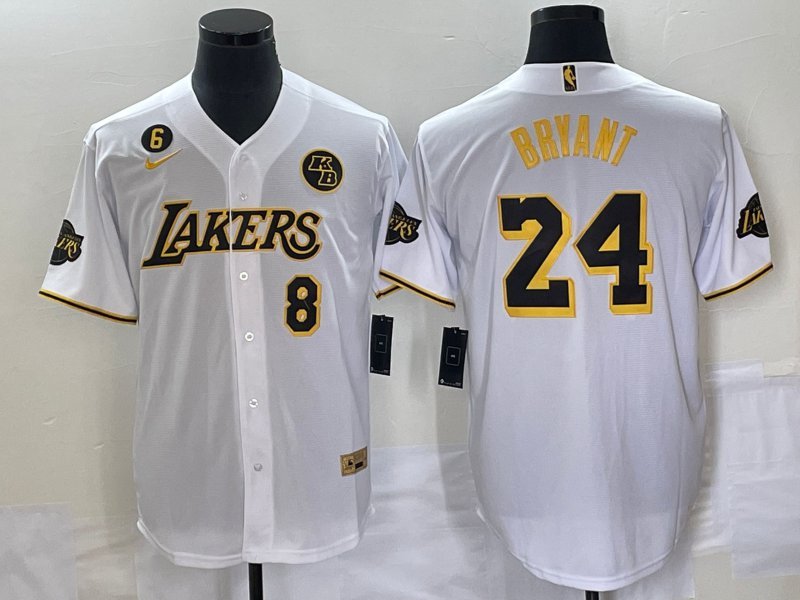 Los Angeles Lakers Front #8 Back #24 Kobe Bryant With NO.6 And KB Patch White Stitched Jersey