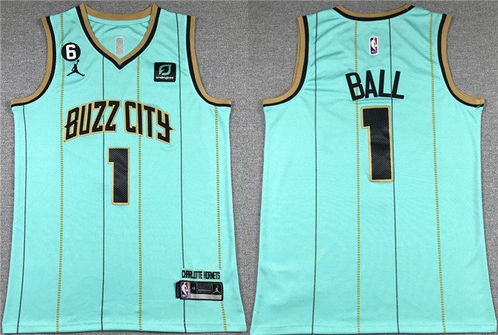 Men's Charlotte Hornets #1 LaMelo Ball Teal No.6 Patch Stitched Jersey