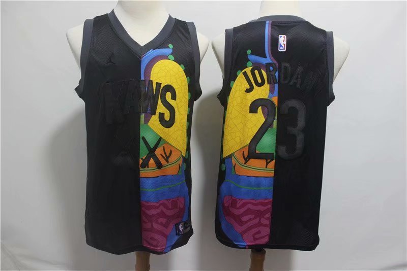 Men's Chicago Bulls KAWS Michael Jordan Black Basketball Jersey Embroidered