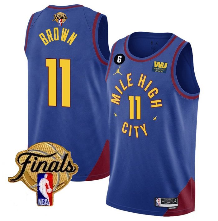 Men's Denver Nuggets #11 Bruce Brown Blue 2023 Finals Statement Edition & NO.6 Patch Stitched Jersey