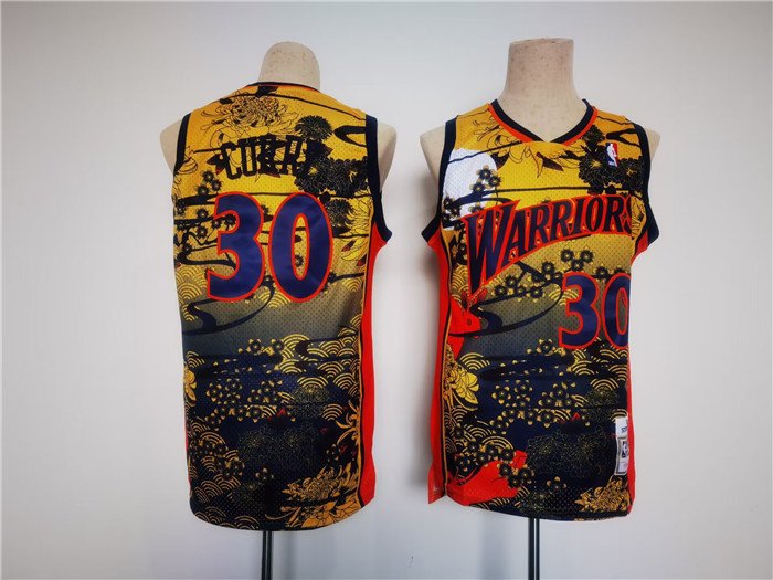 Men's Golden State Warriors #30 Stephen Curry YellowRedBlack Throwback Stitched Jersey