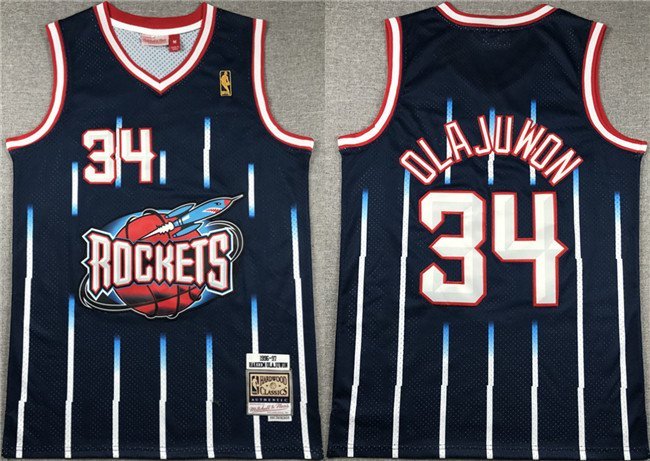 Men's Houston Rockets #34 Hakeem Olajuwon Navy 1996-97 Mitchell & Ness Hardwood Stitched Jersey