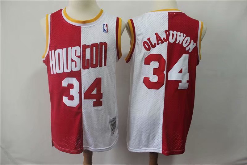 Men's Houston Rockets Hakeem Olajuwon Throwback Basketball Jersey Red White Split Embroidered