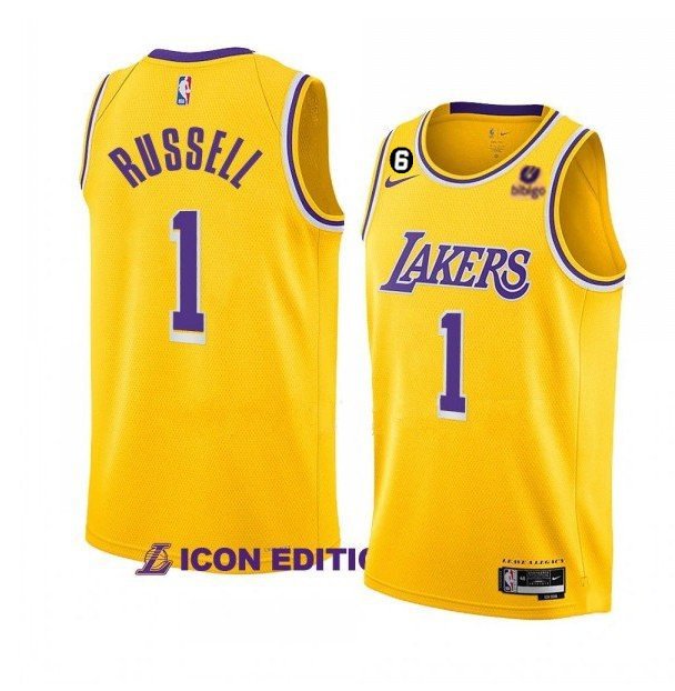 Men's Los Angeles Lakers #1 D'Angelo Russell Yellow Icon Edition With NO.6 Patch Stitched Jersey