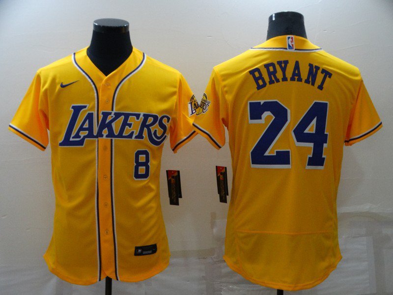 Men's Los Angeles Lakers #8 #24 Kobe Bryant Yellow Stitched Flex Base Baseball Jersey