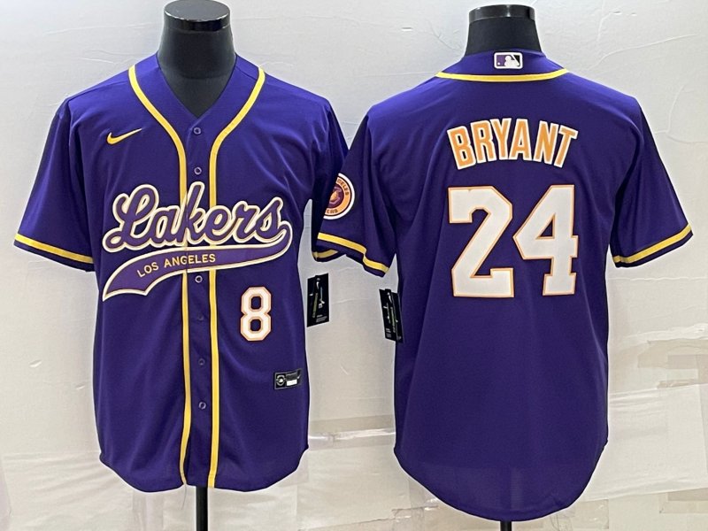 Men's Los Angeles Lakers Front #8 Back #24 Kobe Bryant Purple Stitched Baseball Jersey