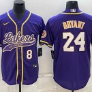 Men's Los Angeles Lakers Front #8 Back #24 Kobe Bryant Purple Stitched Baseball Jersey