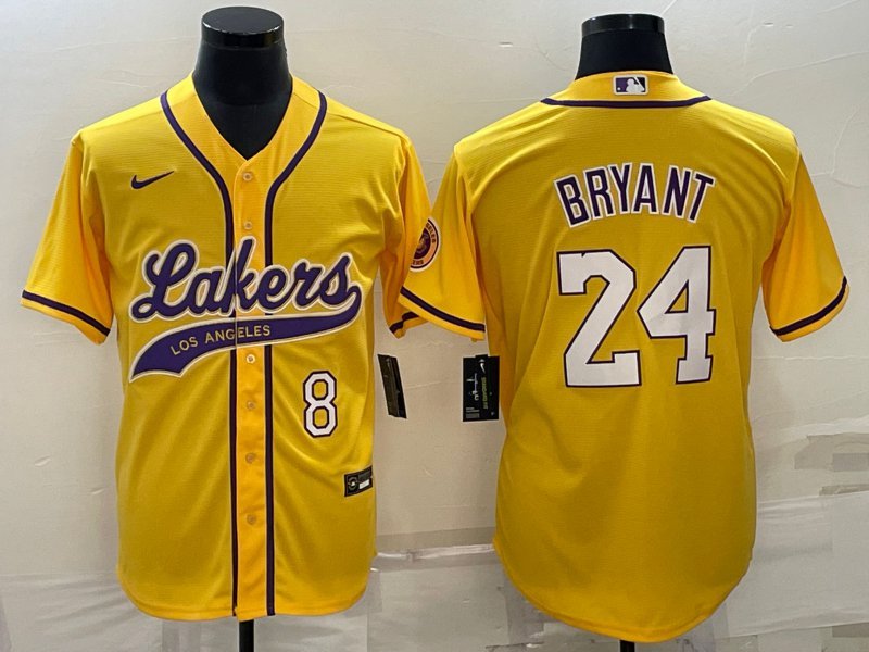 Men's Los Angeles Lakers Front #8 Back #24 Kobe Bryant Yellow Stitched Baseball Jersey