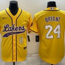Men's Los Angeles Lakers Front #8 Back #24 Kobe Bryant Yellow Stitched Baseball Jersey